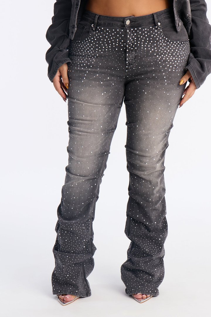 That Girl Embellished Stacked Flare Jeans - Grey
