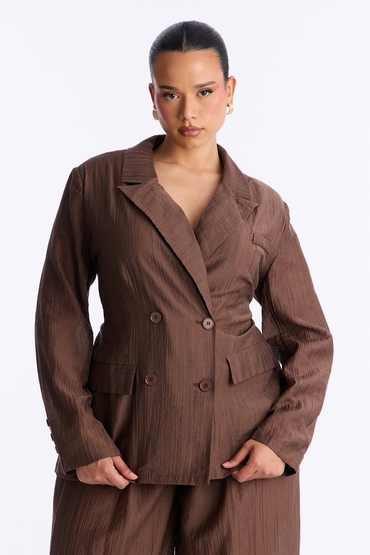 Serenity Sheer Blazer Pant Set - Chocolate