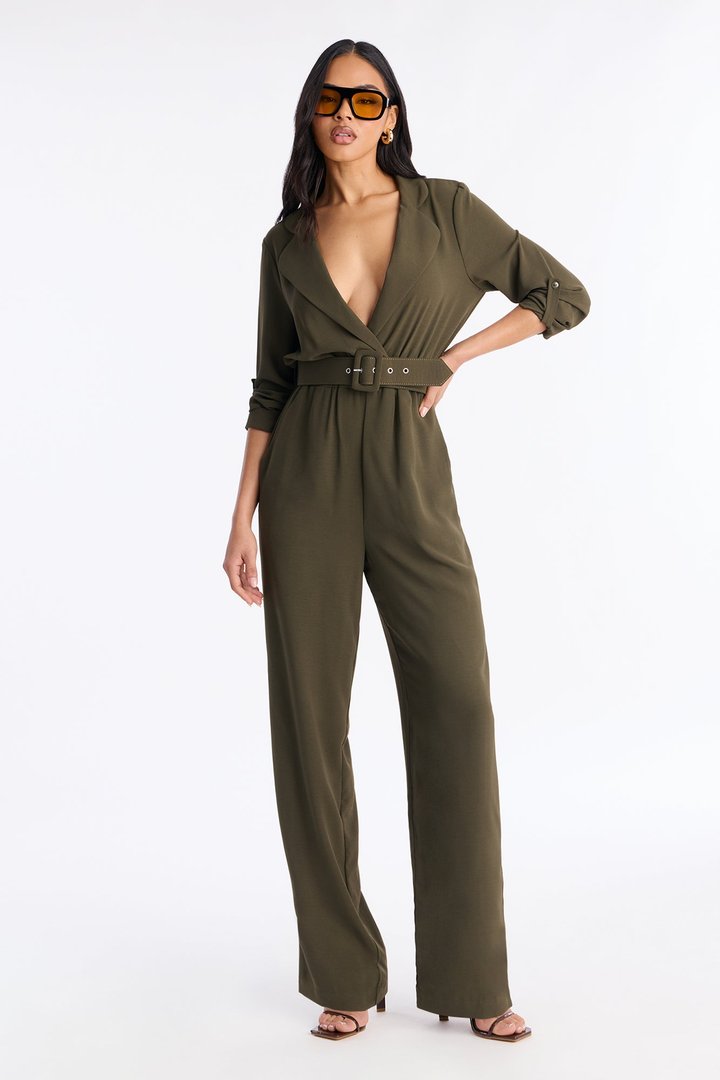 Running Around Belted Straight Leg Jumpsuit - Olive