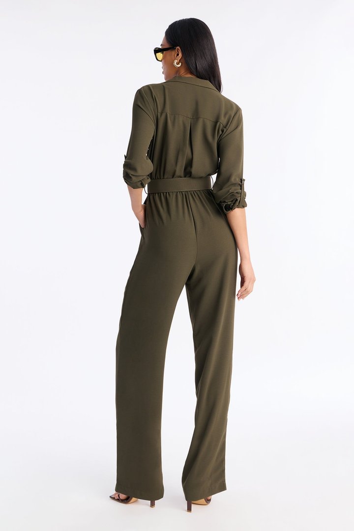Running Around Belted Straight Leg Jumpsuit - Olive