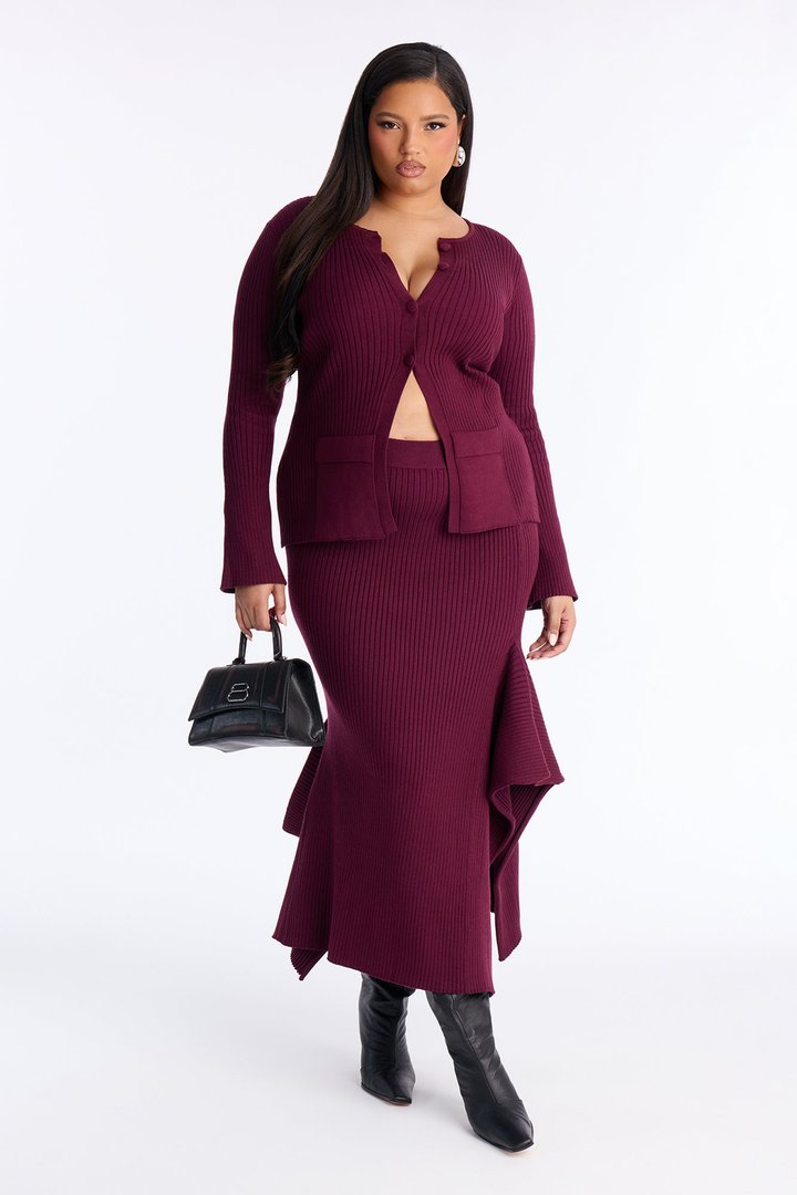 Sway Away Sweater Asymmetrical Maxi Skirt Set - Burgundy
