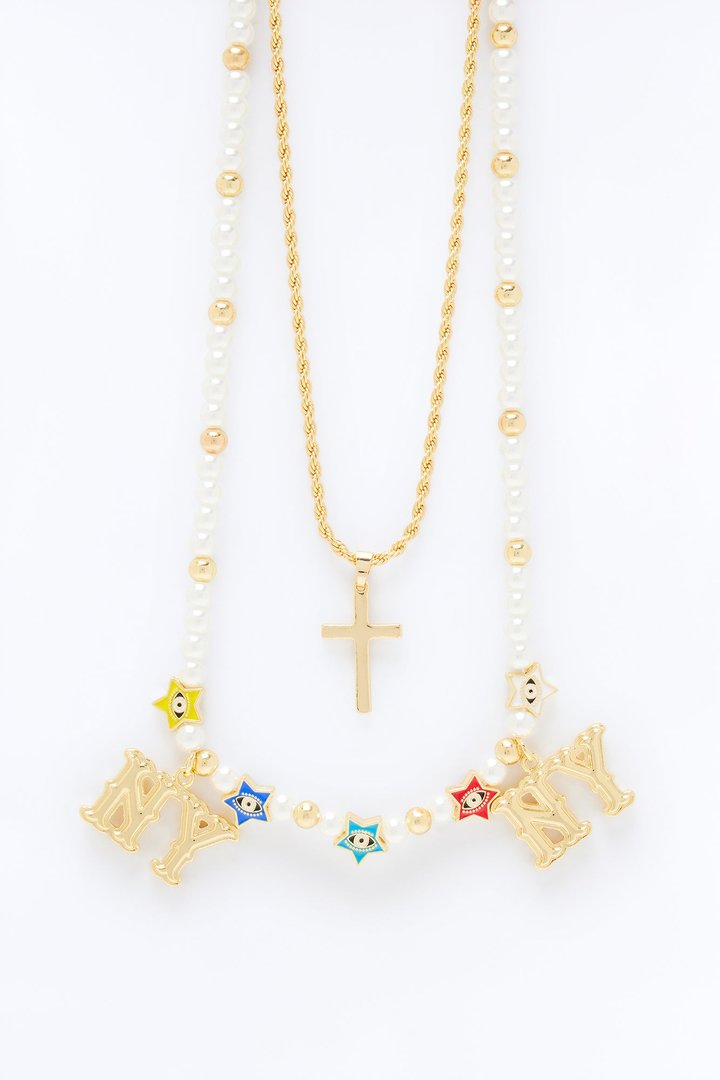 NY Pearl Charm And Layered Cross Pendant Necklace Set - Gold