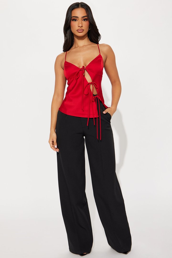 Charming Lover Satin Tie Front Top - Red