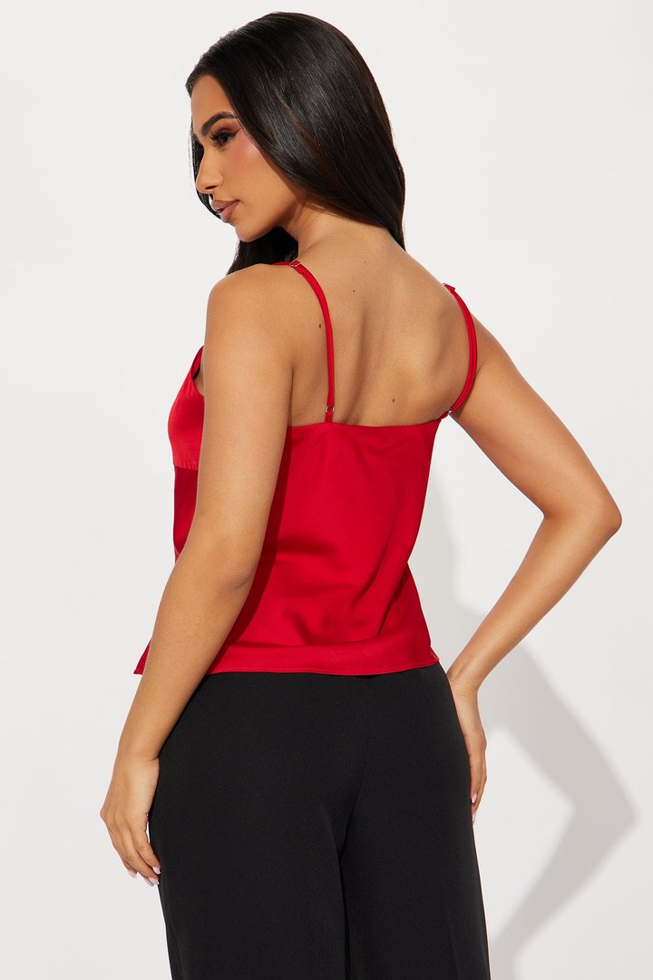 Charming Lover Satin Tie Front Top - Red