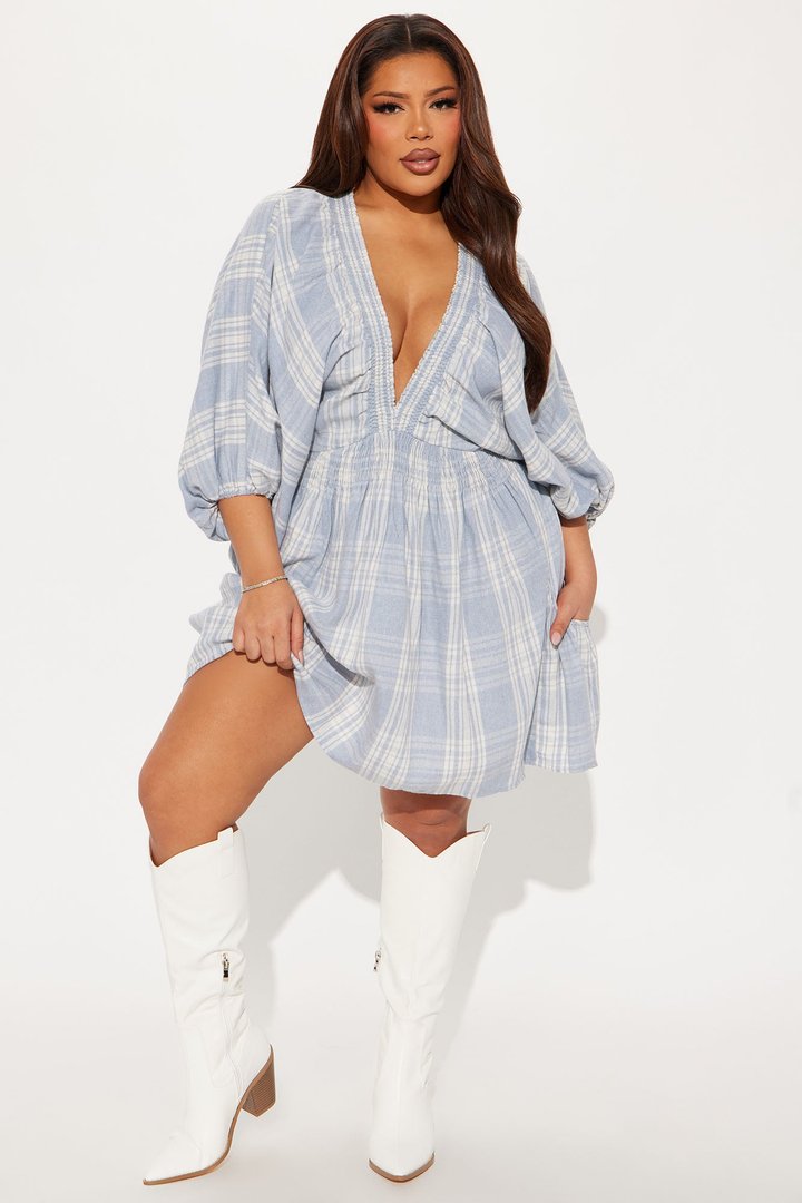 Countryside Cutie Plaid Mini Dress - Blue