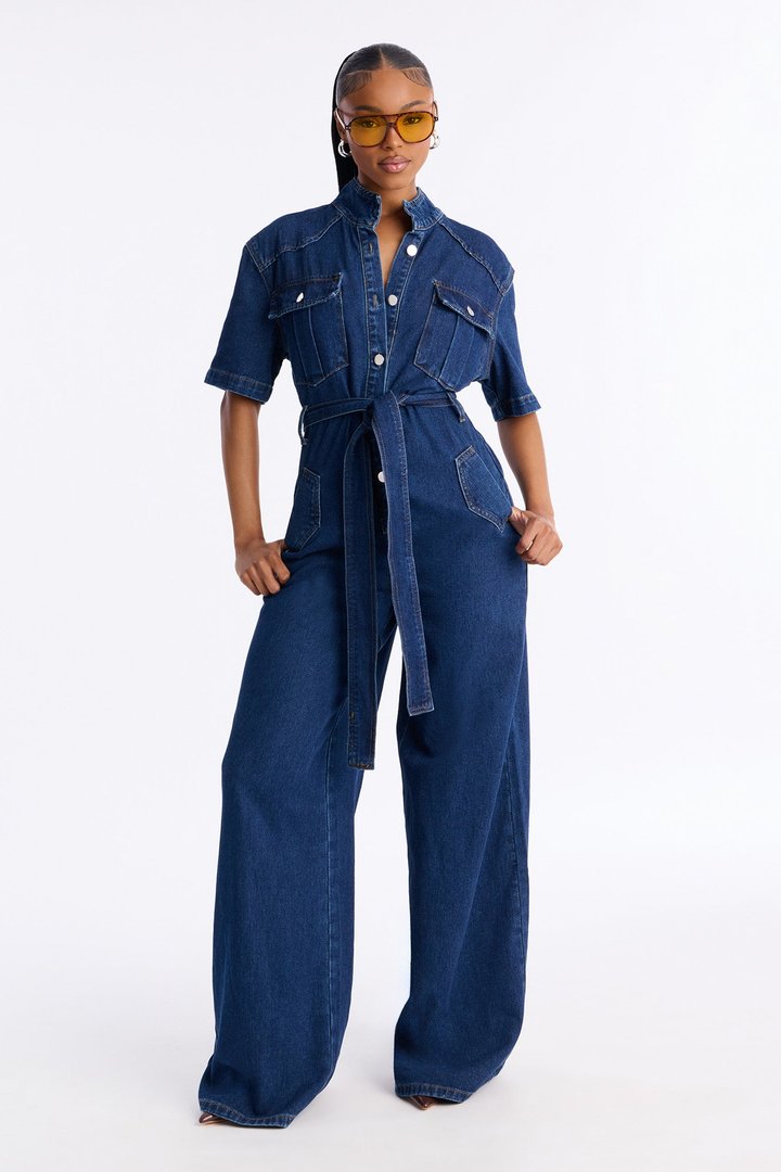 Nika Tie Waist Denim Jumpsuit - Dark Wash