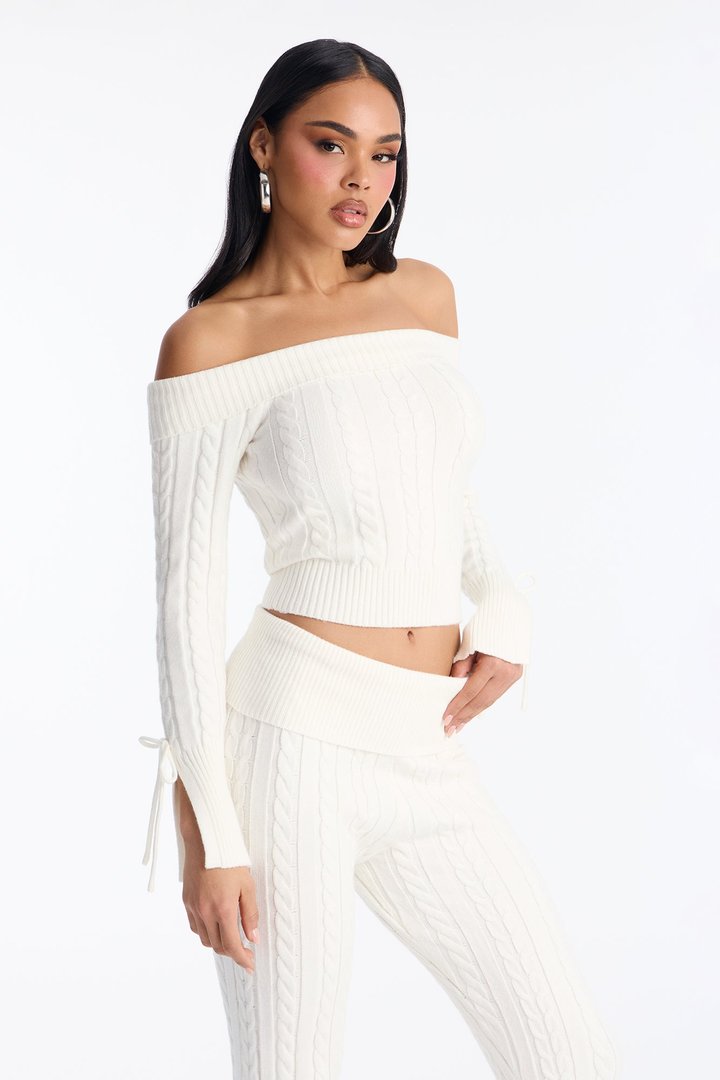 Mikayla Off Shoulder Sweater Pant Set - Cream