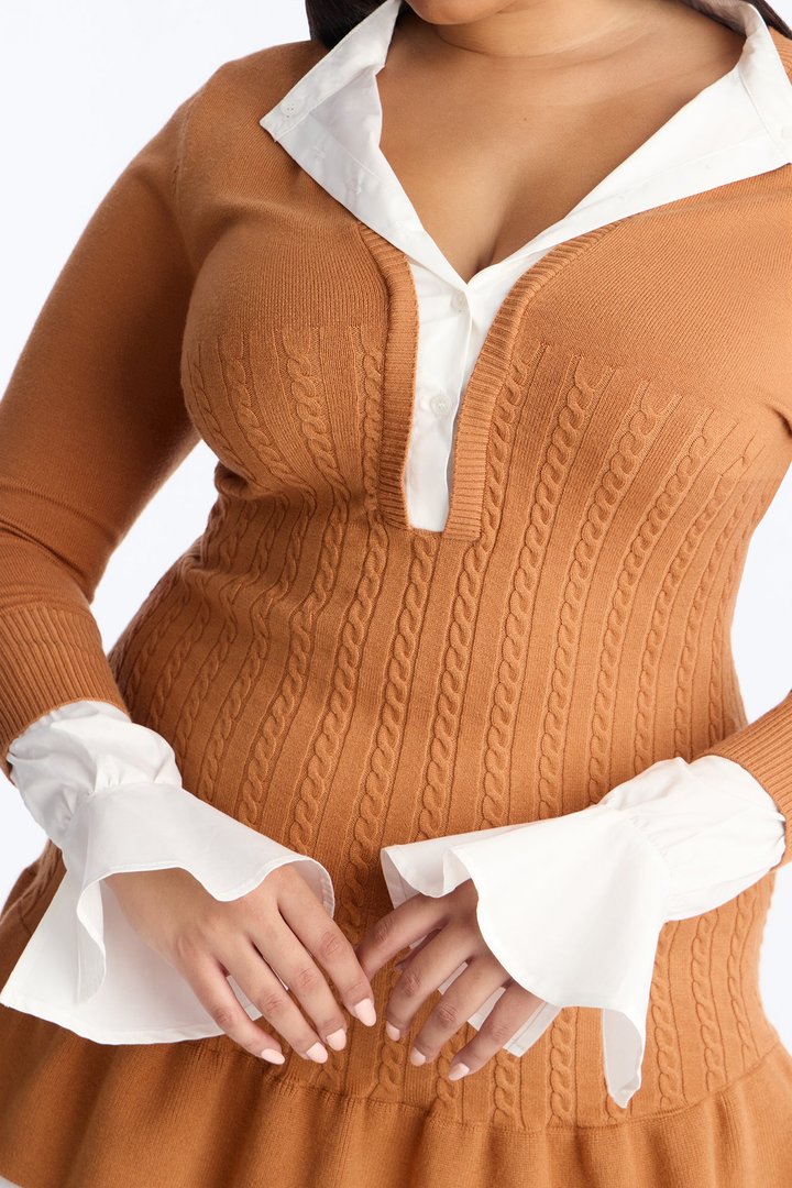 Kiara Peplum Sweater Mini Dress - Mocha