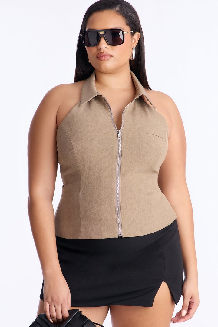 Sunrise Front Zip Halter Top - Taupe