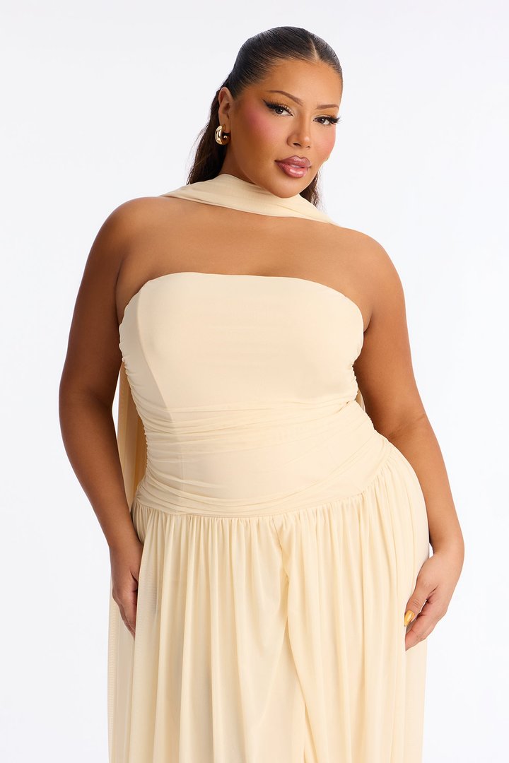 Maeve Corset Draped Mesh Gown - Cream