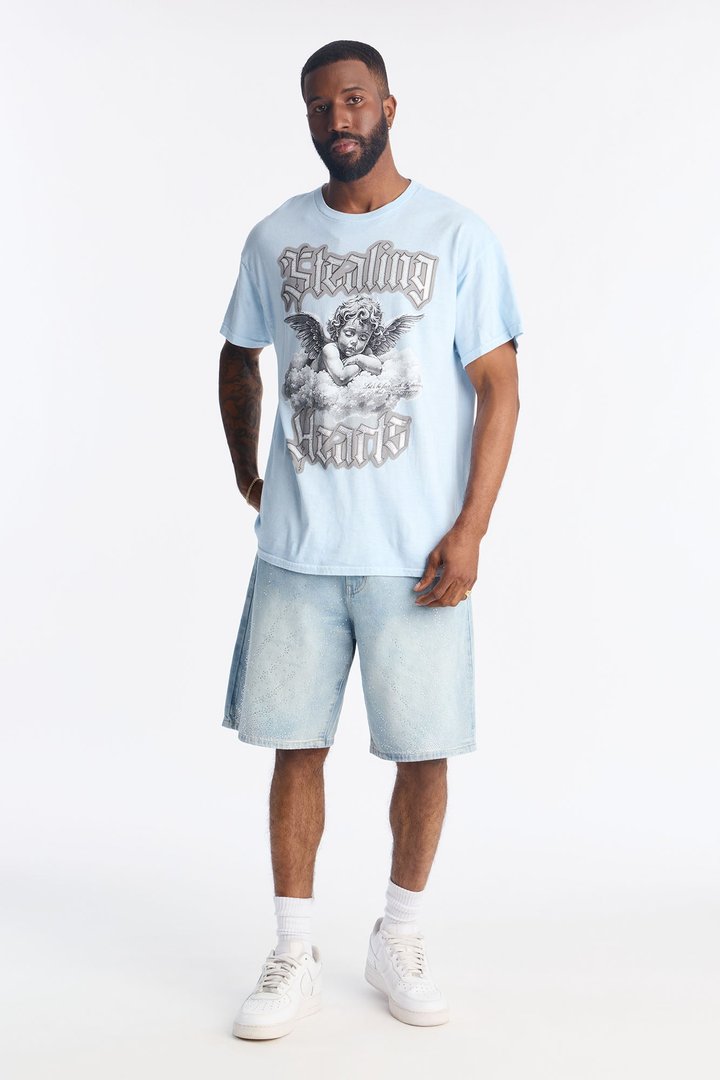 Stealing Hearts Rhinestone Short Sleeve Tee - Light Blue