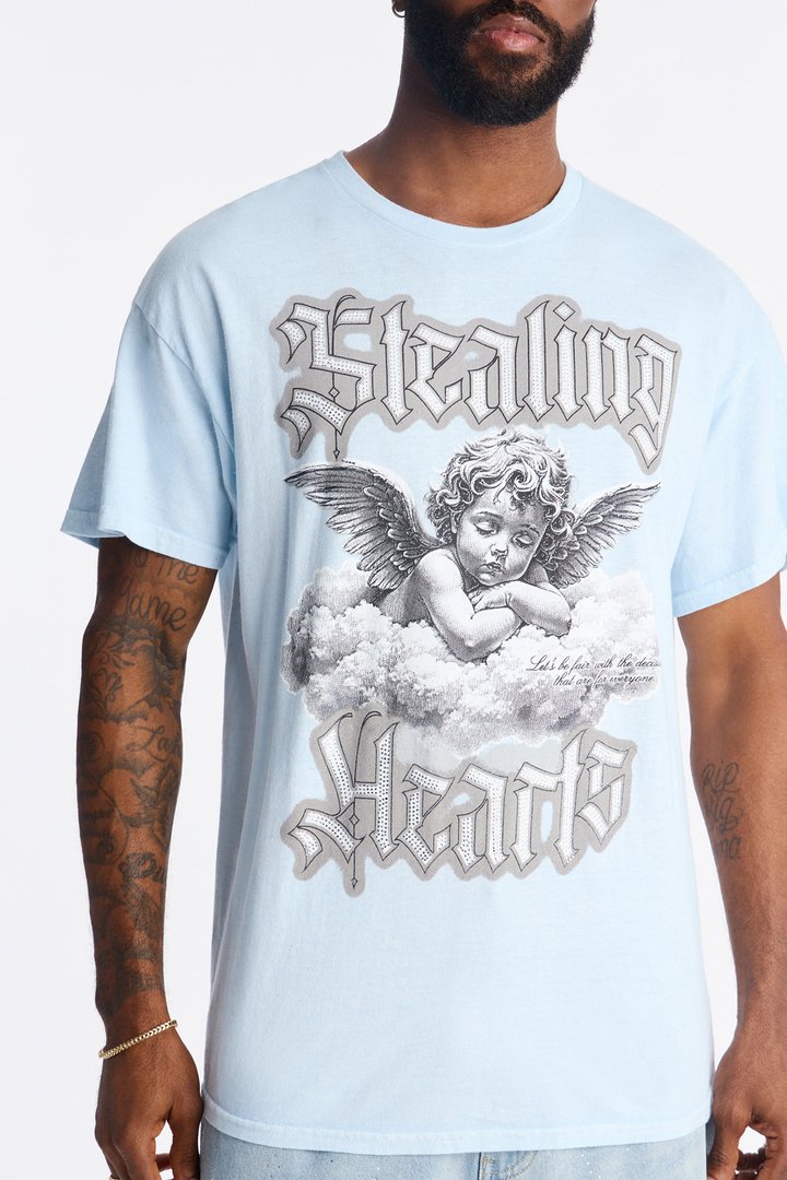Stealing Hearts Rhinestone Short Sleeve Tee - Light Blue