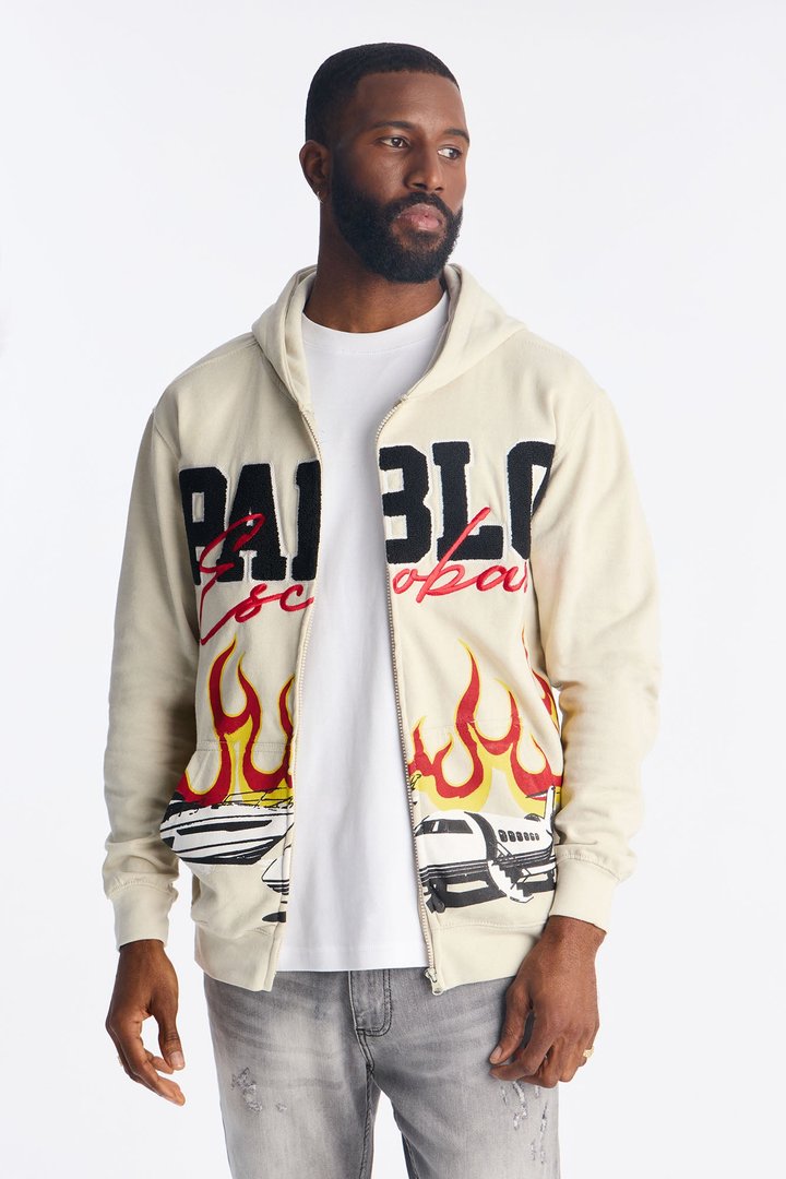 Pablo Escobar Patch Zip Up Hoodie - Khaki