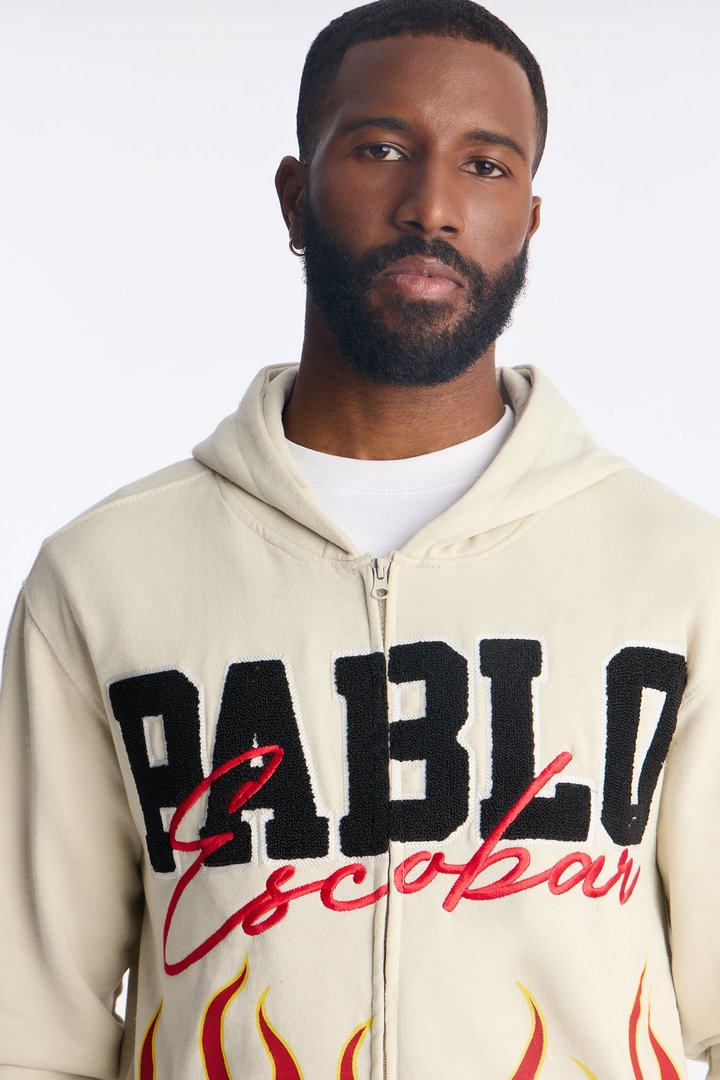 Pablo Escobar Patch Zip Up Hoodie - Khaki