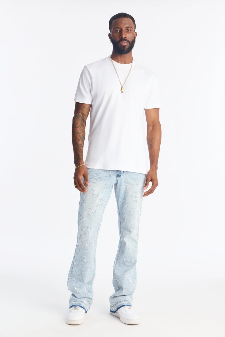 Stacked Skinny Flare Crosses Upon Crosses Jeweled Jean - Light Wash
