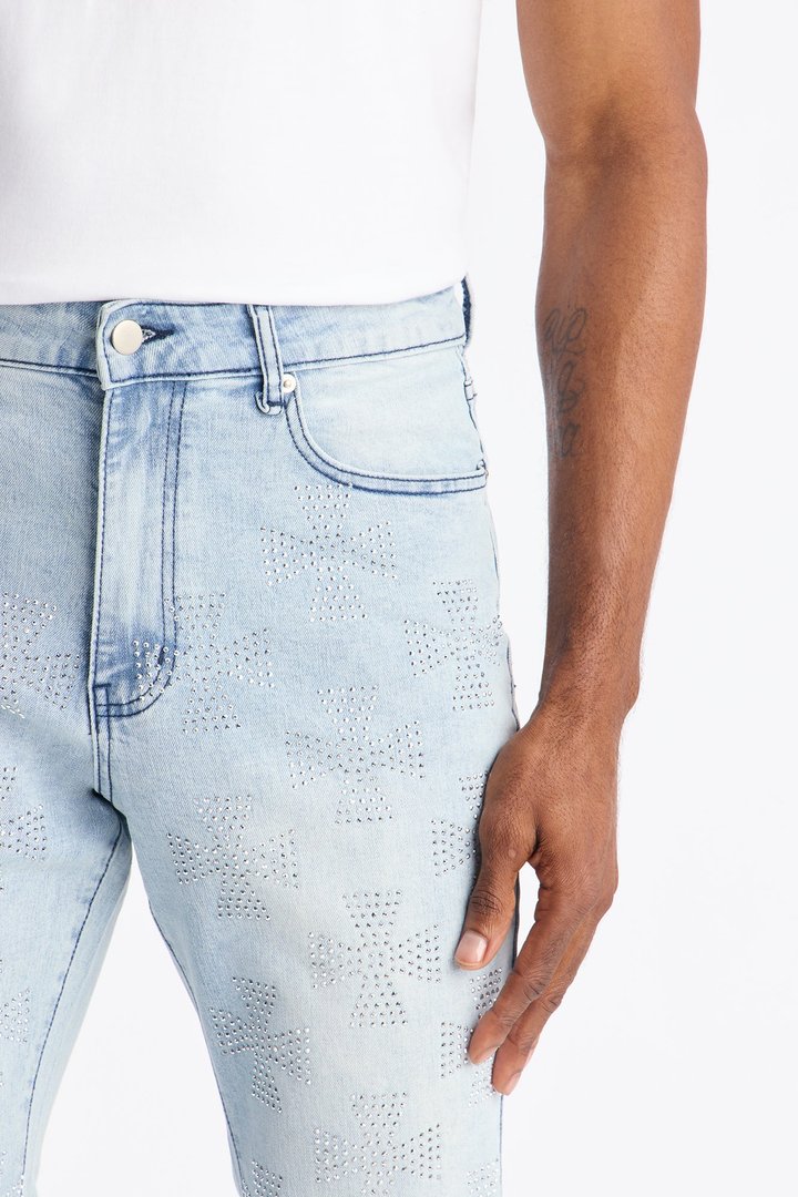 Stacked Skinny Flare Crosses Upon Crosses Jeweled Jean - Light Wash