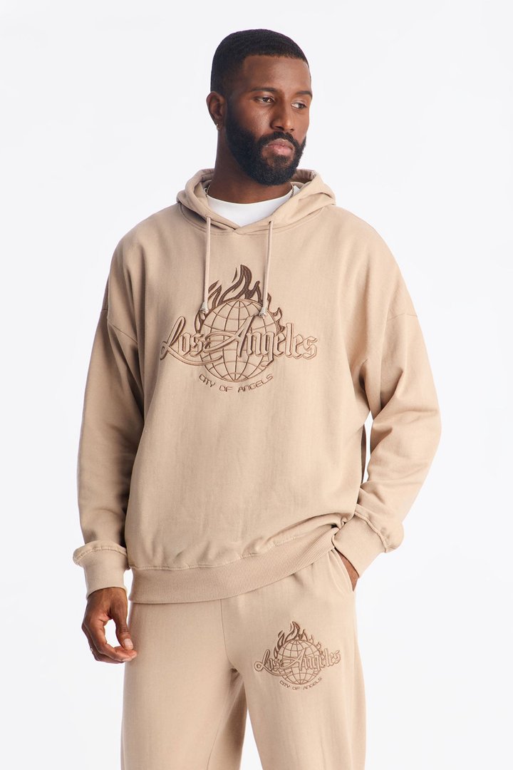 Lost Angeles Embroidered Hoodie - Tan