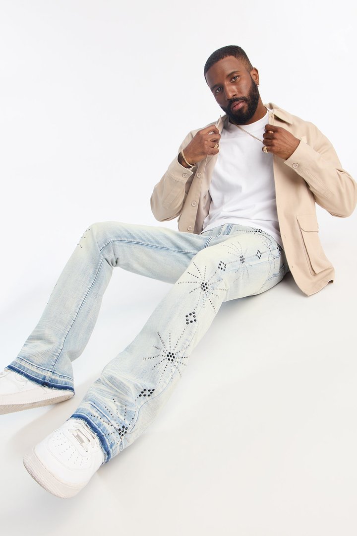 Stacked Skinny Flare Starburst Shine Jeweled Jean - Light Wash