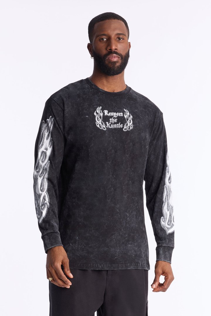 Respect The Hustle Long Sleeve Tee - Black Wash