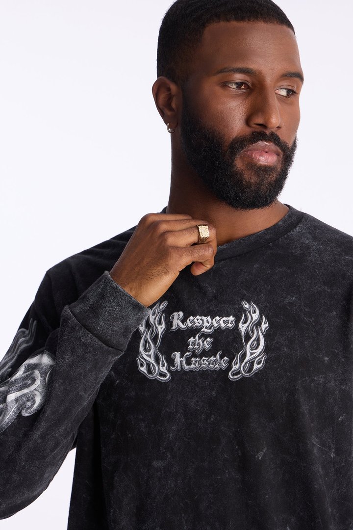 Respect The Hustle Long Sleeve Tee - Black Wash