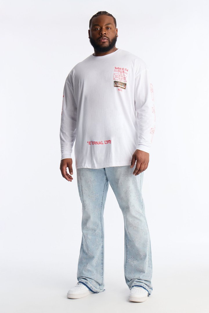 Stacked Skinny Flare Crosses Upon Crosses Jeweled Jean - Light Wash