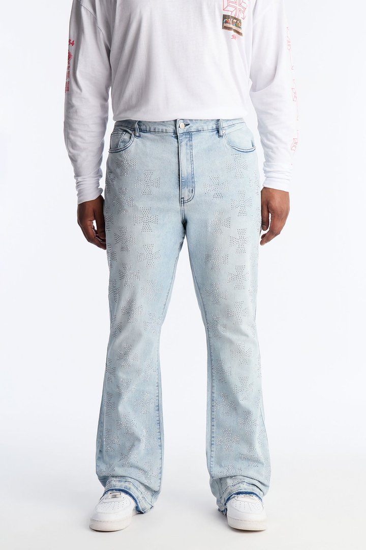 Stacked Skinny Flare Crosses Upon Crosses Jeweled Jean - Light Wash