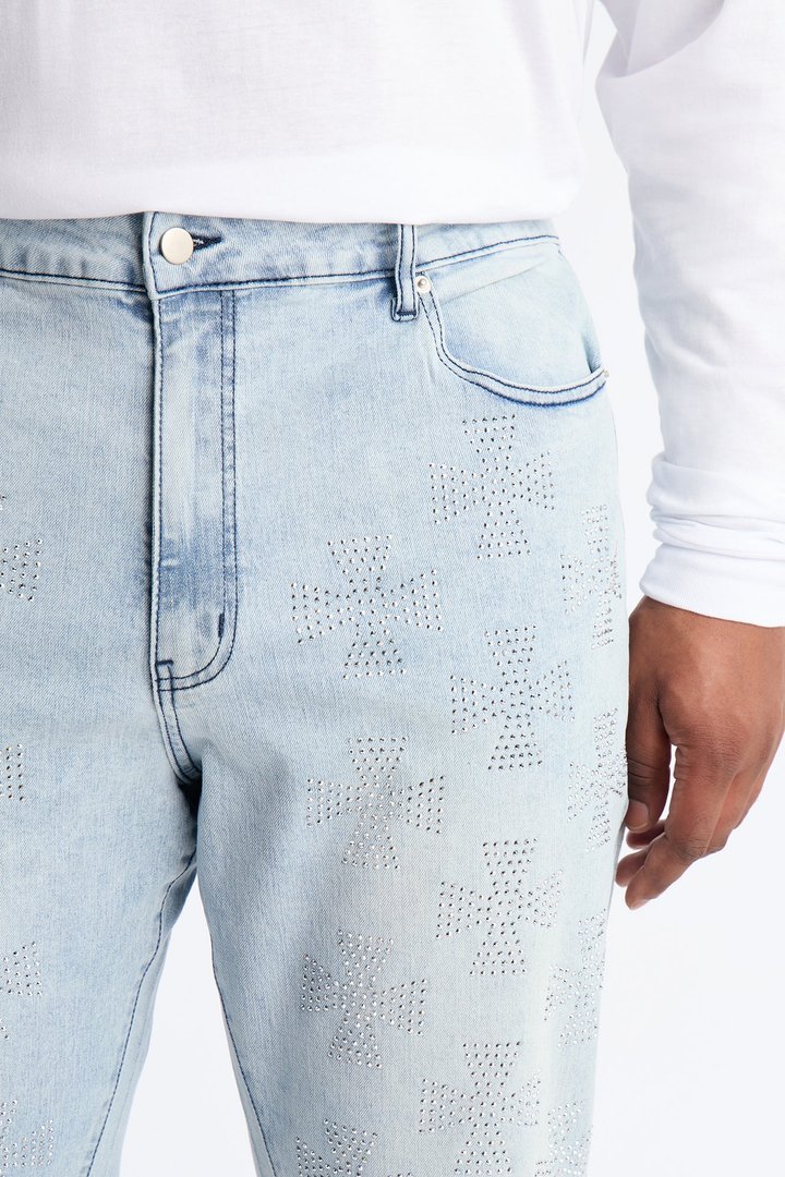Stacked Skinny Flare Crosses Upon Crosses Jeweled Jean - Light Wash