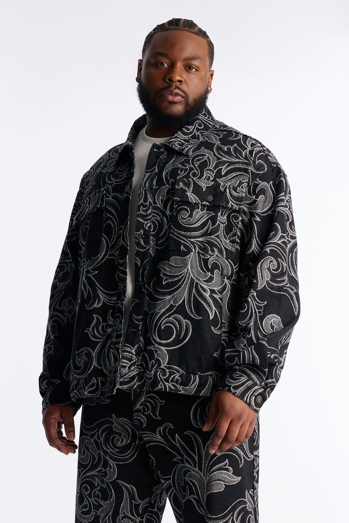 Relaxed Cropped Baroque Jacquard Denim Jacket - Black Wash