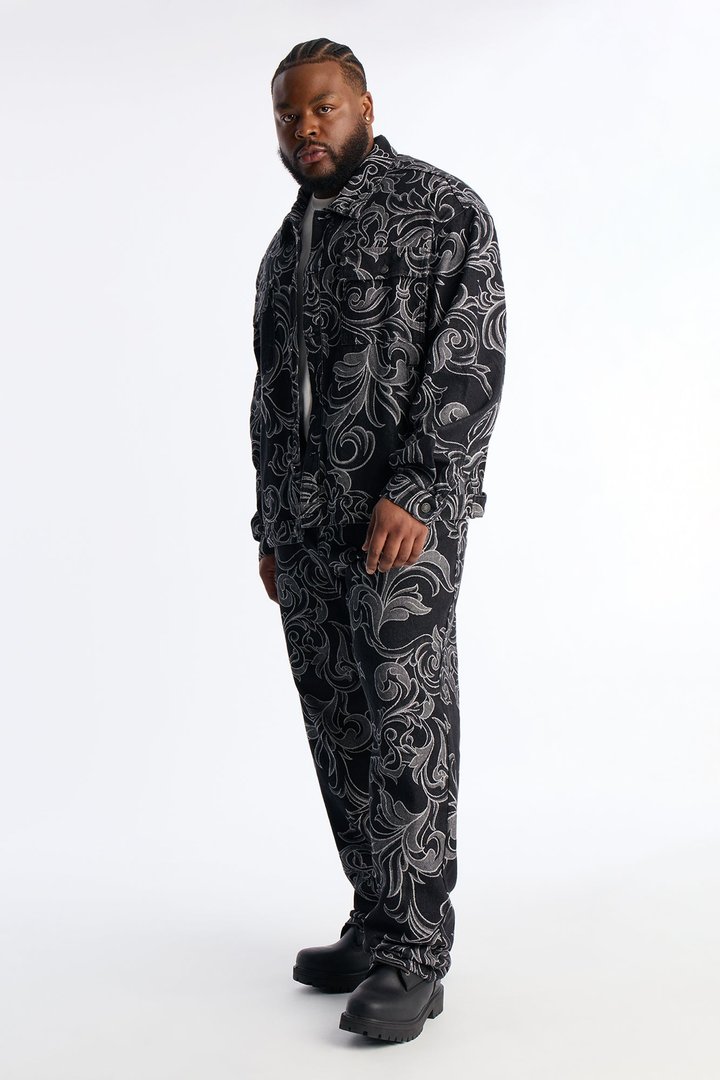 Relaxed Cropped Baroque Jacquard Denim Jacket - Black Wash