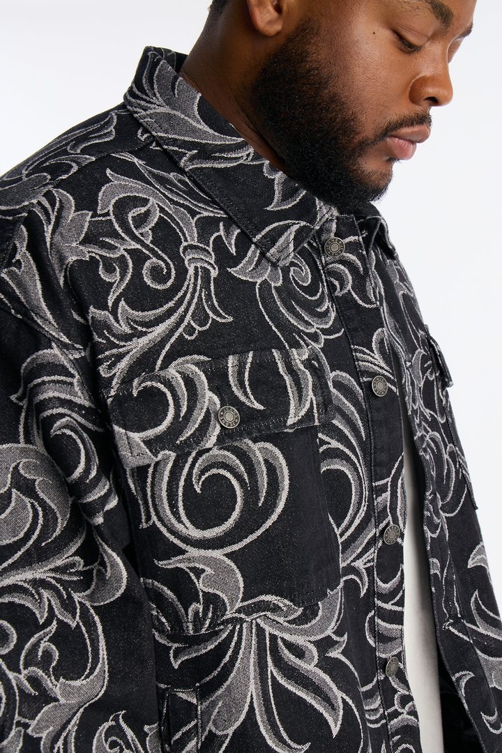Relaxed Cropped Baroque Jacquard Denim Jacket - Black Wash