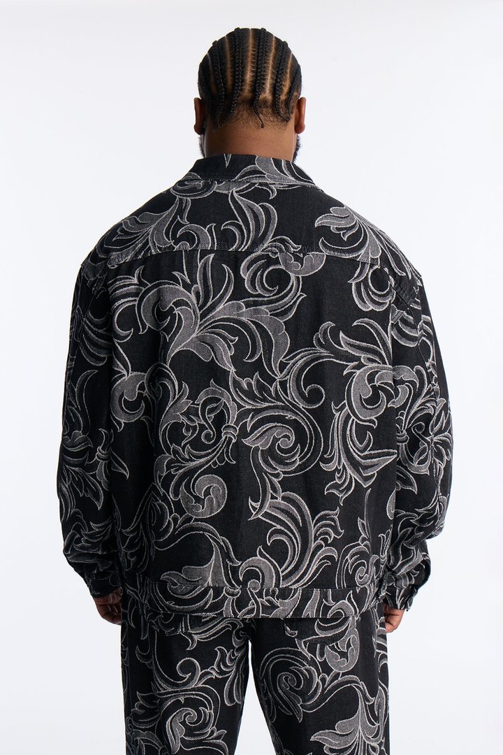 Relaxed Cropped Baroque Jacquard Denim Jacket - Black Wash