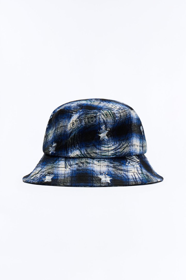 Starlight Washed Plaid Distressed Bucket Hat - Blue