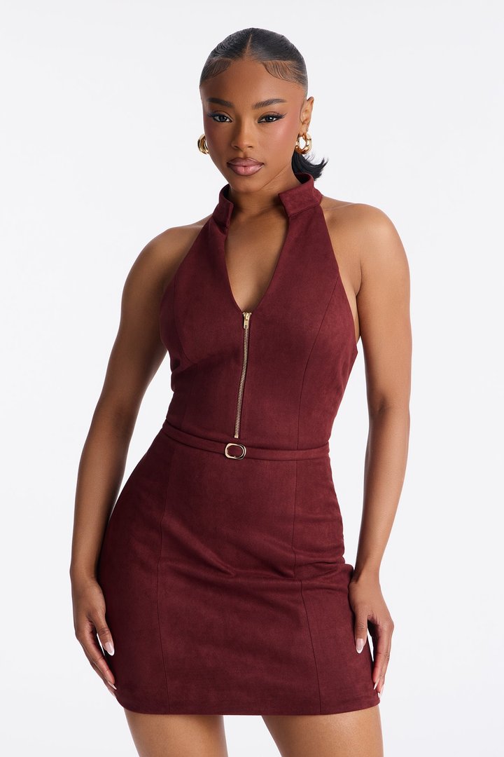Hallie Sleeveless Faux Suede Mini Dress - Burgundy