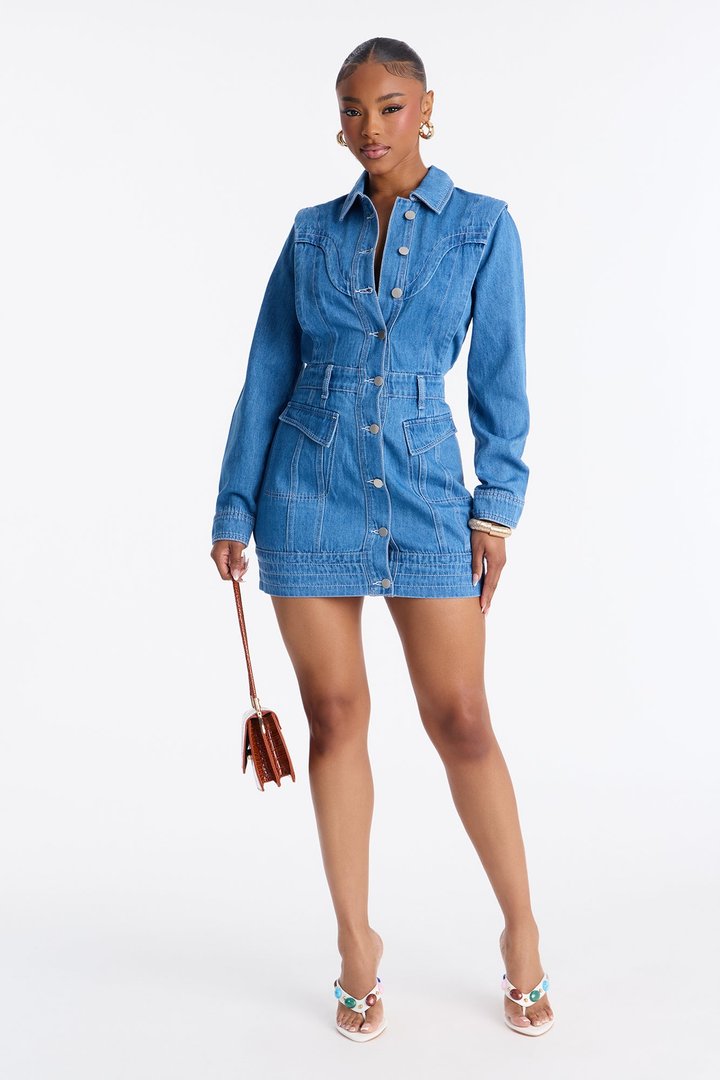 Round 'Em Up Long Sleeve Denim Mini Dress - Medium Wash