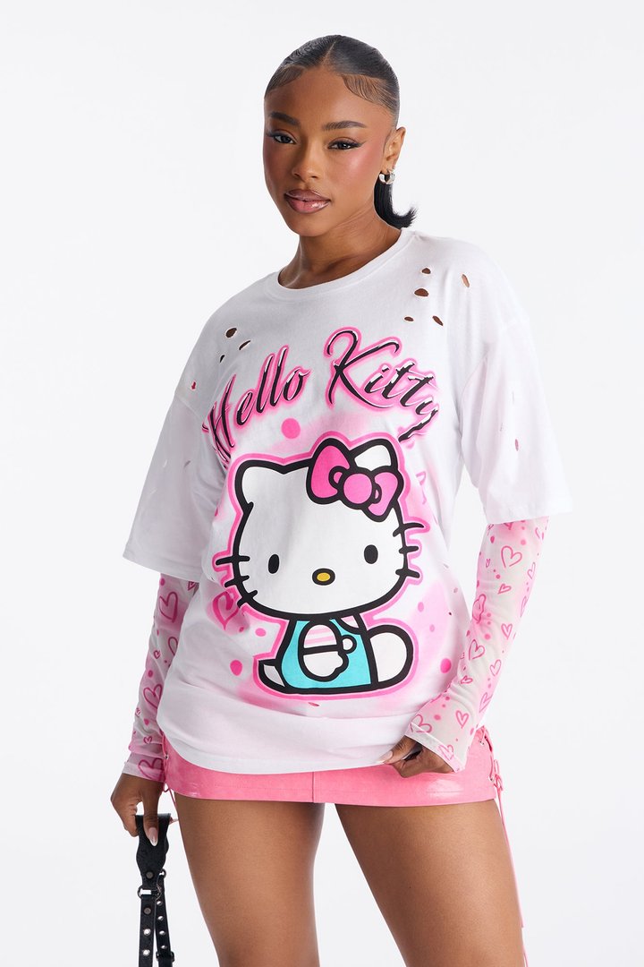 Hello Kitty Distressed Mesh Sleeves Tshirt - White