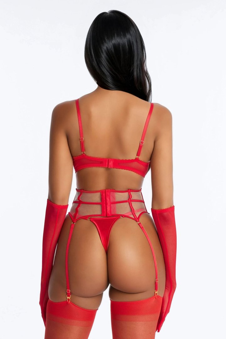 Raya Strappy Mesh 4 Piece Bra And Panty Garter Set - Red