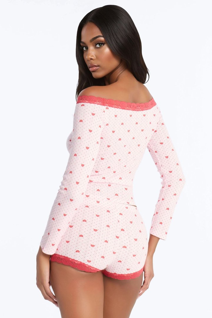 My Heart Is Yours Pointelle Off Shoulder PJ Short Set - Pink/combo