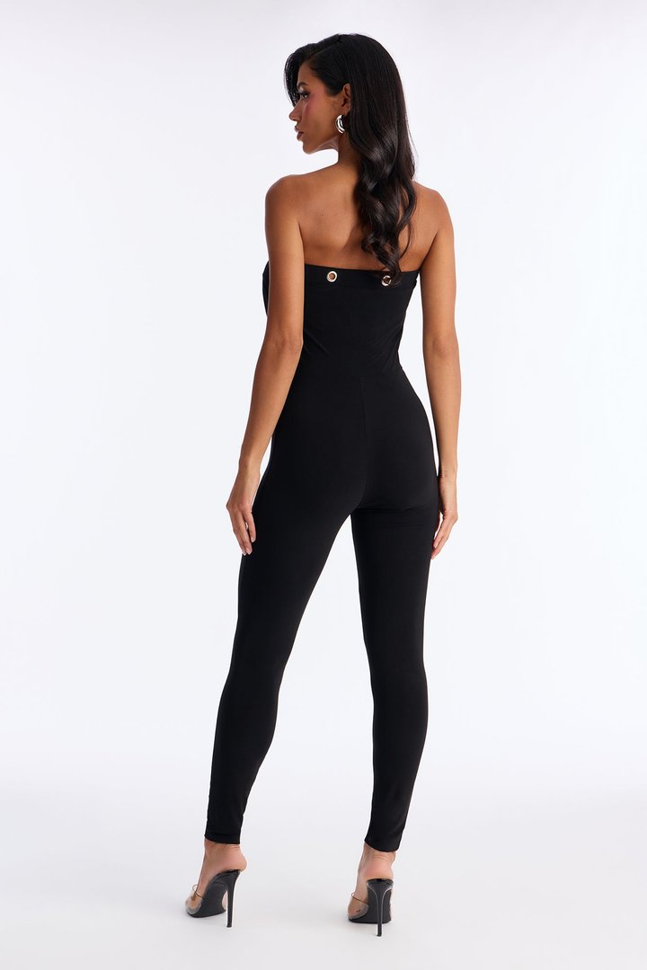 Francesca Strapless Cut Out Catsuit - Black
