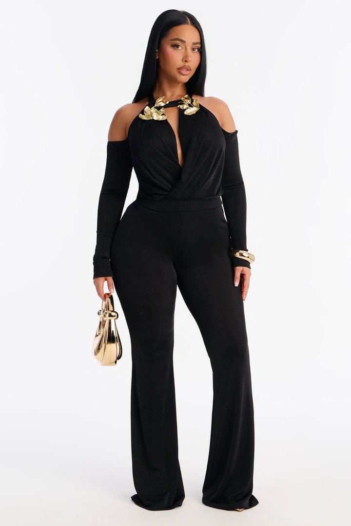 Marysa Cold Shoulder Hardware Pant Set - Black