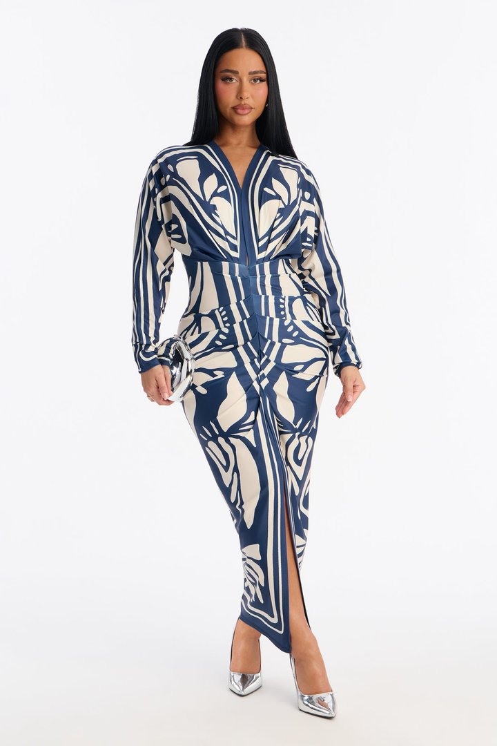 Revive Long Sleeve Midi Dress - Navy/combo