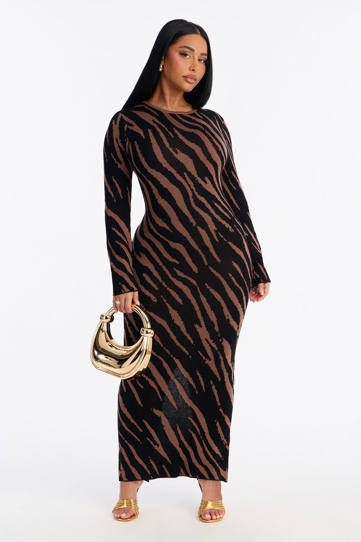 Animal In You Backless Sweater Maxi Dress - Black/Brown