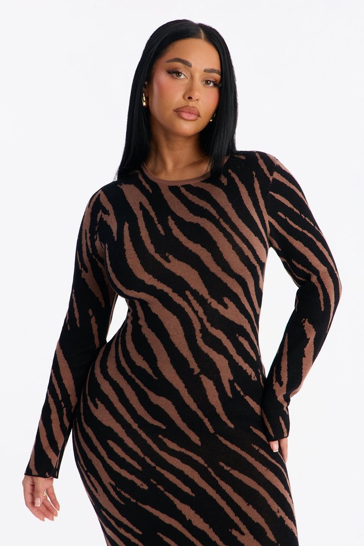 Animal In You Backless Sweater Maxi Dress - Black/Brown