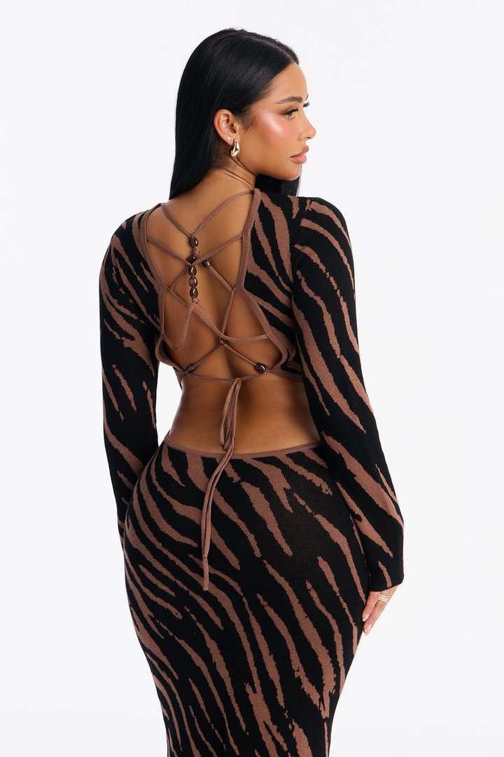 Animal In You Backless Sweater Maxi Dress - Black/Brown