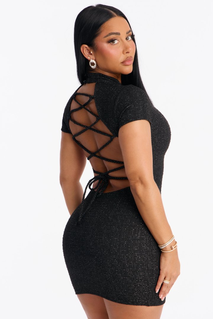 Morgan Short Sleeve Tweed Mini Dress - Black