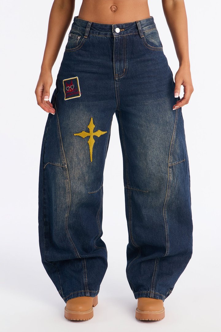 Kitten Around Barrel Leg Jeans - Dark Wash