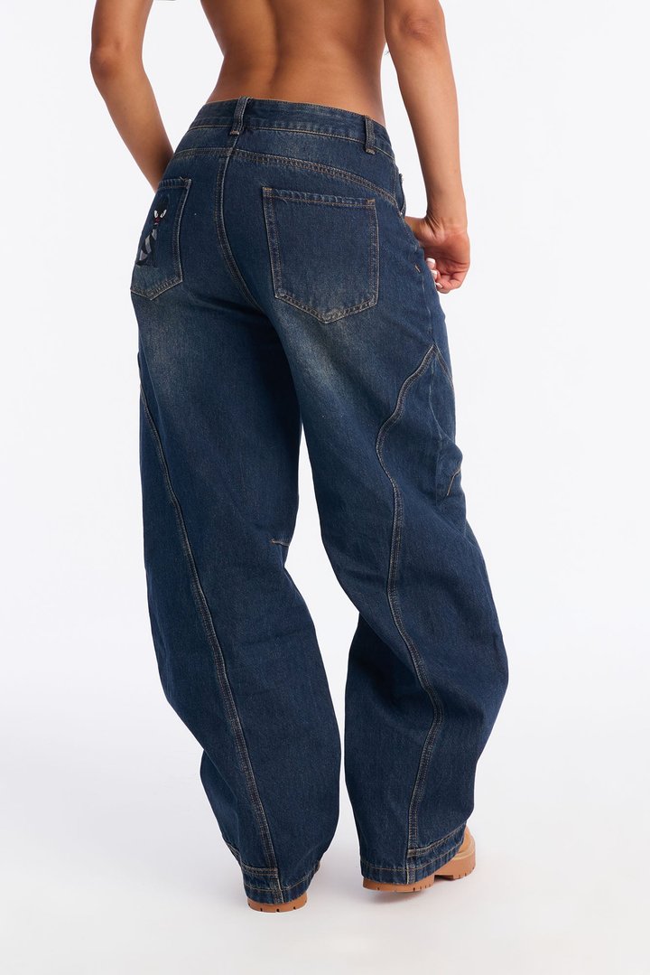Kitten Around Barrel Leg Jeans - Dark Wash