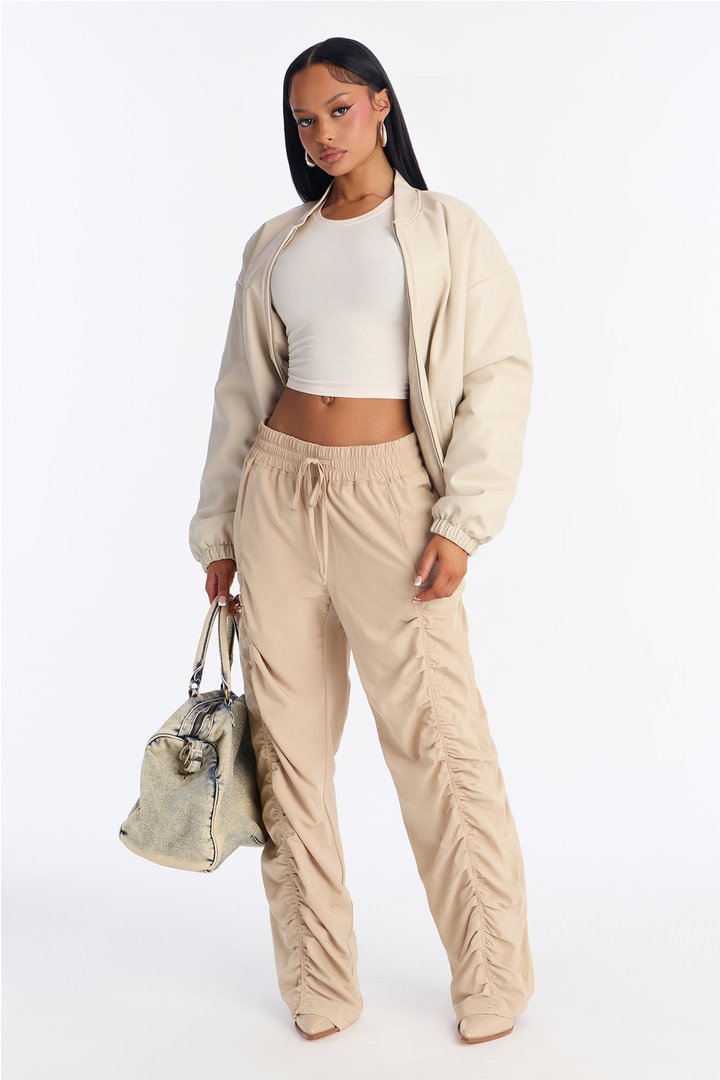 Maddie Ruched Windbreaker Wide Leg Pant - Sand
