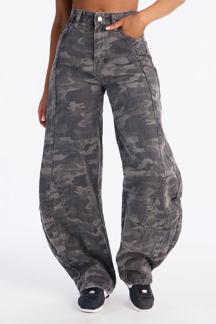 Now Or Never Camo Barrel Leg Jeans - Grey/combo