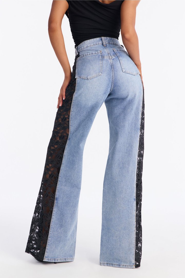 Feeling Fancy Lace Wide Leg Jeans - Light Wash