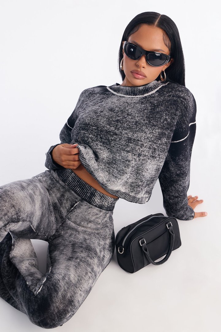 Out Of This World Washed Sweater Wide Leg Pant Set - Black